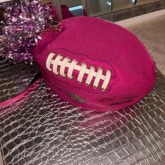 Betsey Johnson Pink Football purse with Sparkly Pom-Poms - Picture 5 of 11
